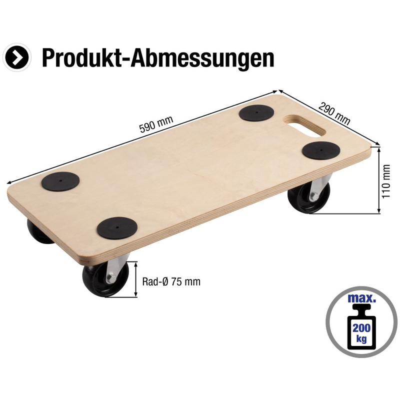 Transportroller 590 x 290 mm, 200 kg, Sperrholz, P