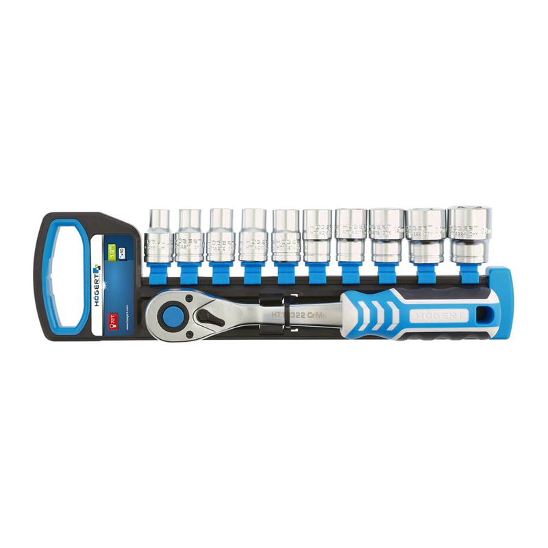 Steckschlüsselsatz mit Umschaltknarre 1/2", 72 Zähne, CrMo Stahl, 11 Stck.